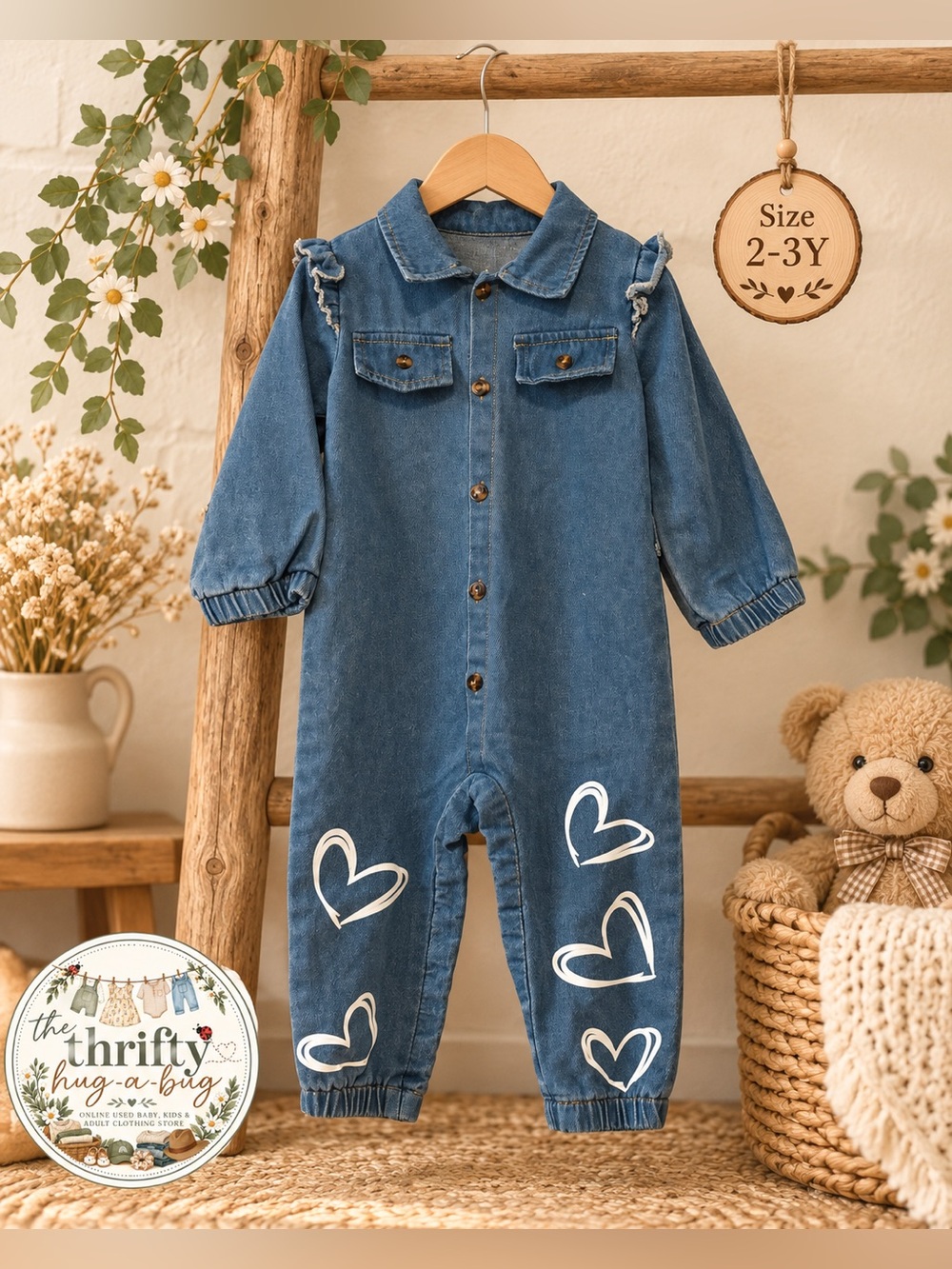 Girls Denim Heart Jumpsuit | Size 2–3Y 💙🤍